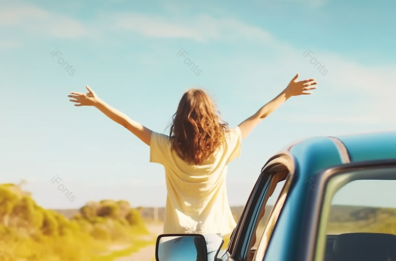 自驾公路旅行金发女性背影,高清,摄影图,摄影图片,图片大全,摄影图免费下载